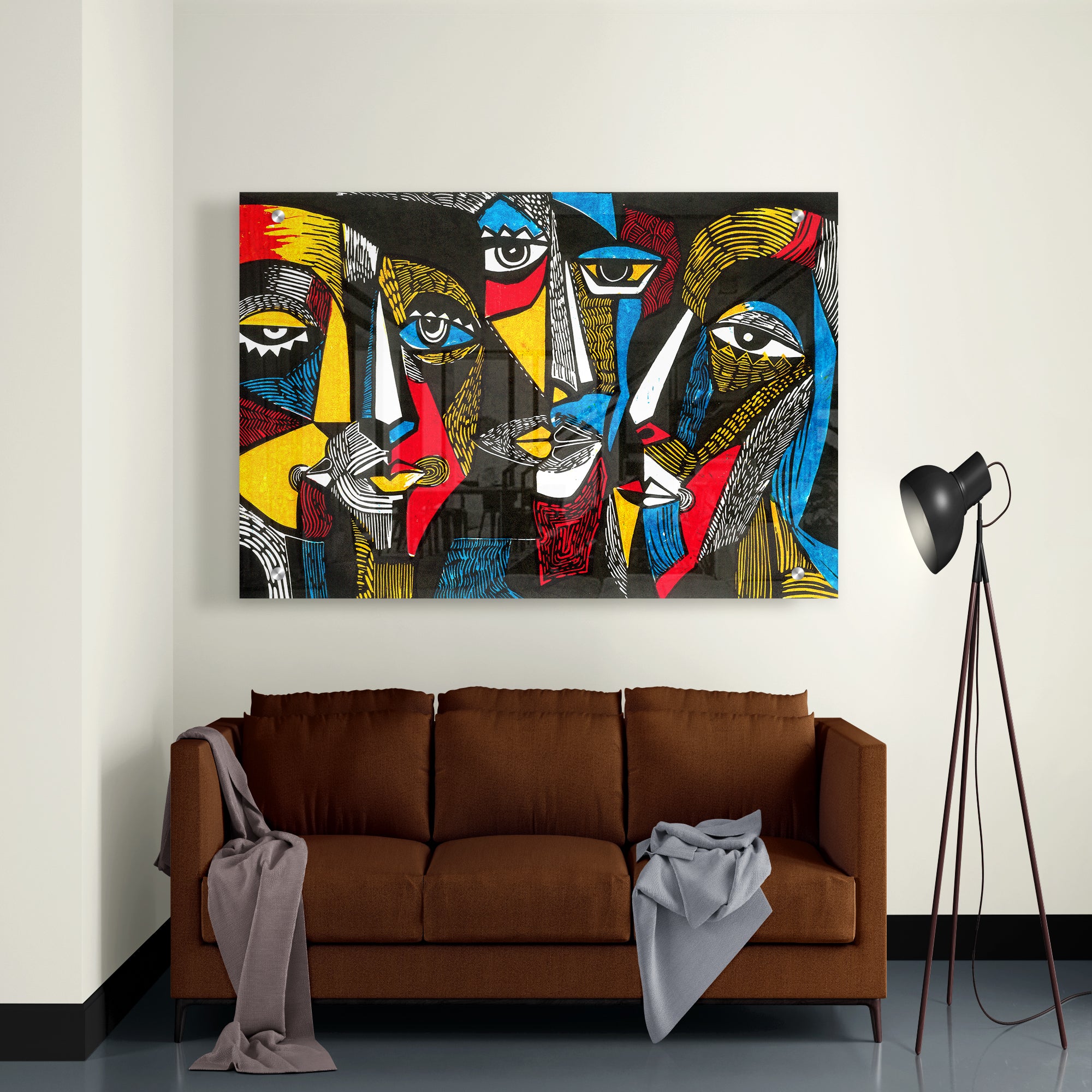Abstract Linocut Faces Acrylic Painting
