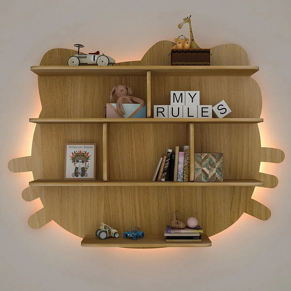 Cat Shape Backlit Wood Wall Shelf / Book Shelf / Night Light, Oak Finish