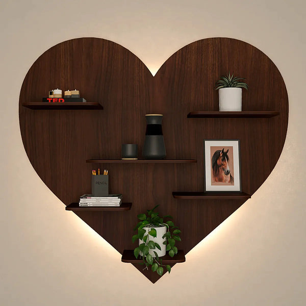 Heart Backlit Wood Wall Shelf / Book Shelf, Walnut Finish