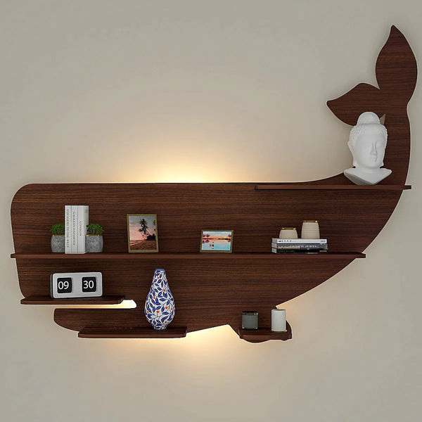 Whale Backlit Wood Wall Shelf / Book Shelf / Night Light, Walnut Finish