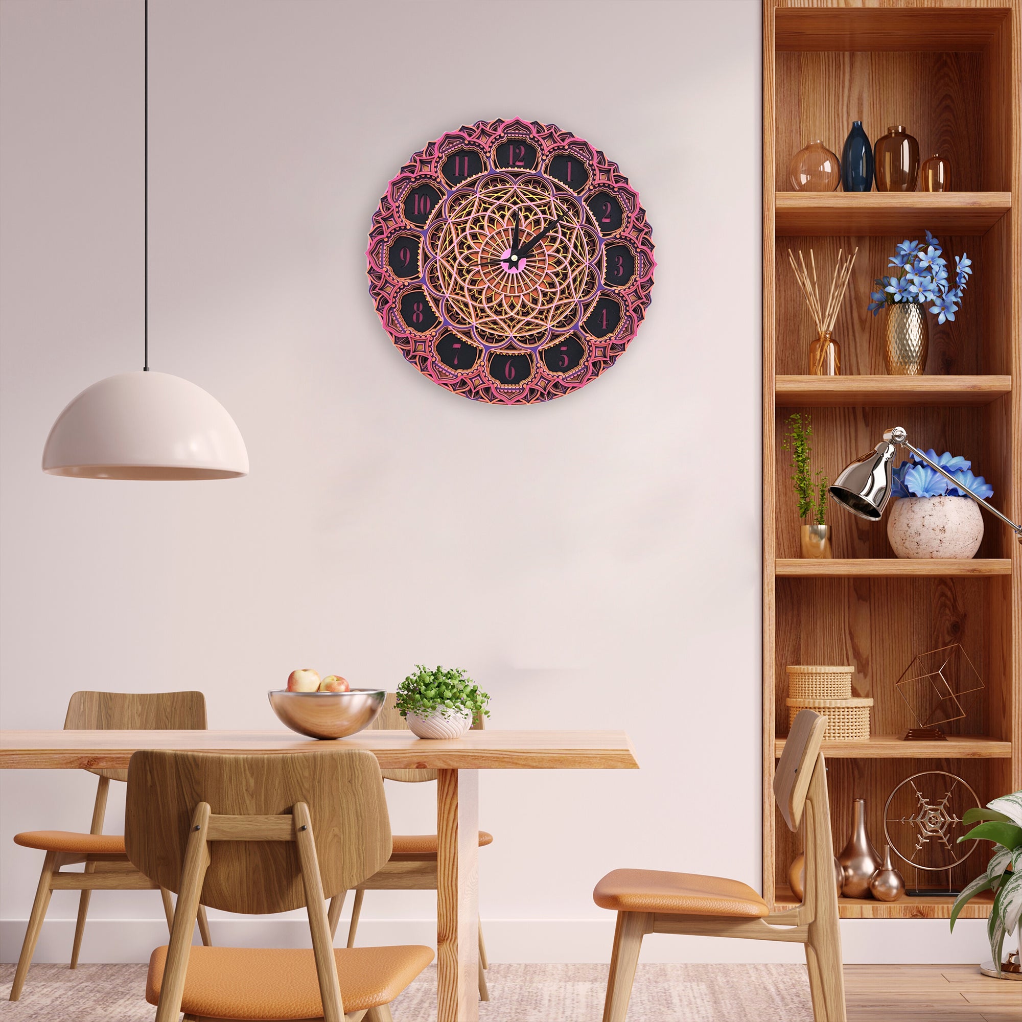3D Floral Mandala Clock Wooden Colorful Multilayer Round Shape Wall Clock