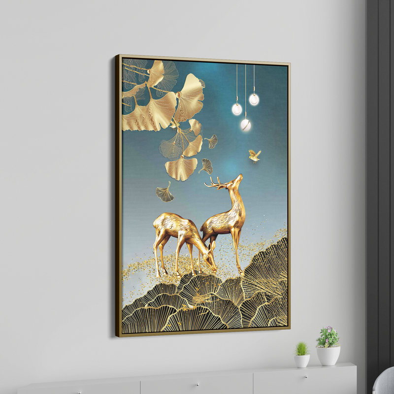 Golden Cosmic Deer Canvas Wall Painting