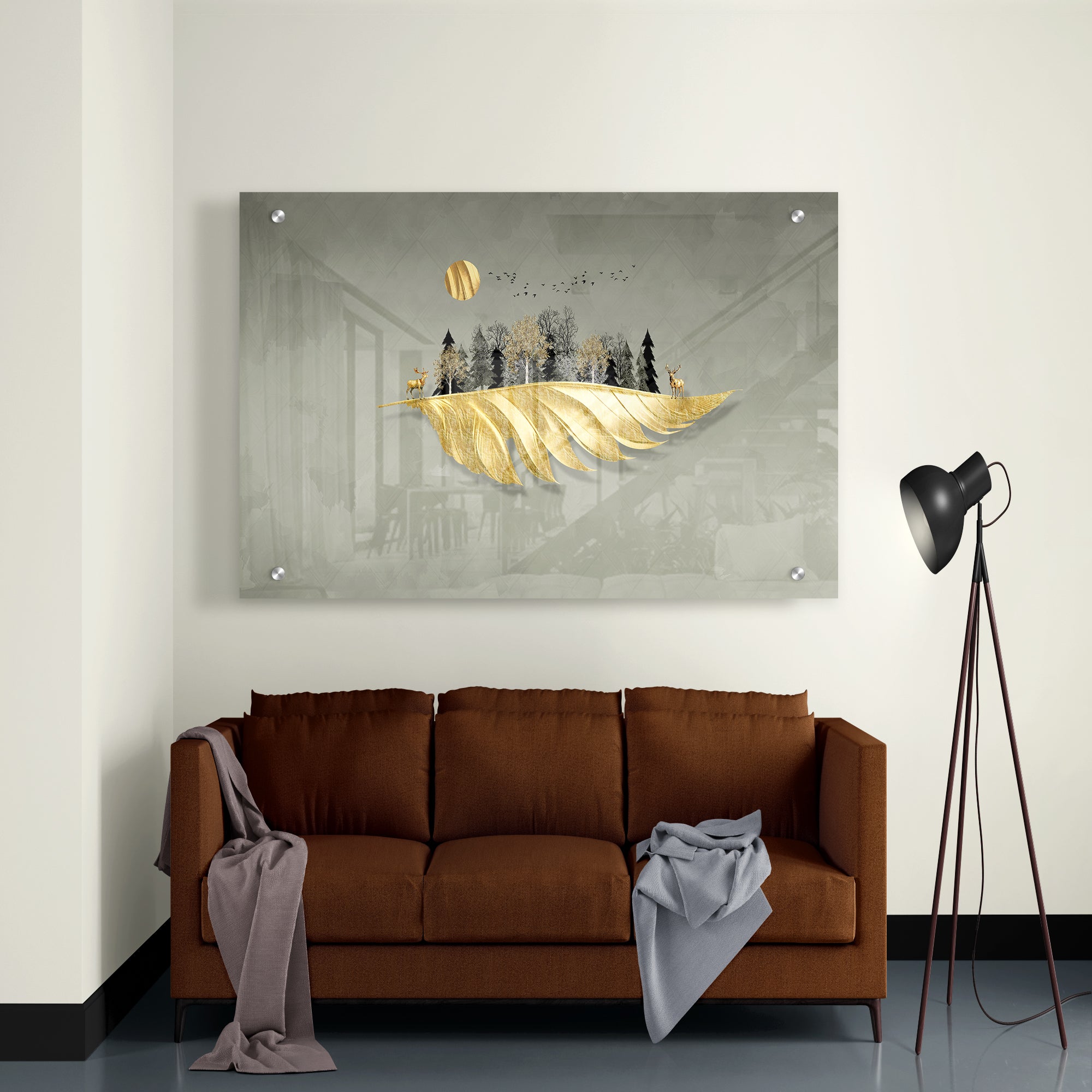 Golden Leaves And Deer Premium Acrylic Wall Painting