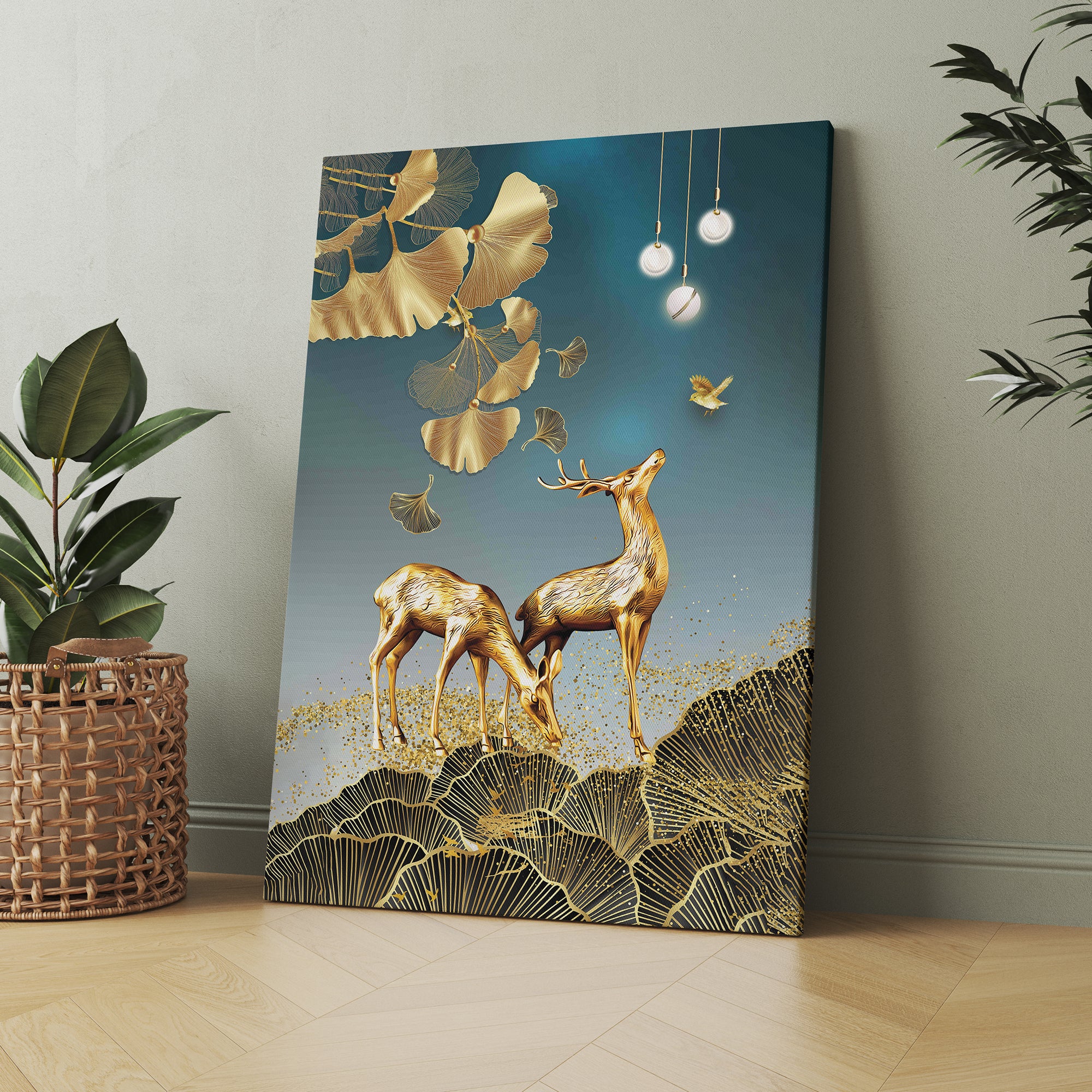 Golden Cosmic Deer Canvas Wall Painting