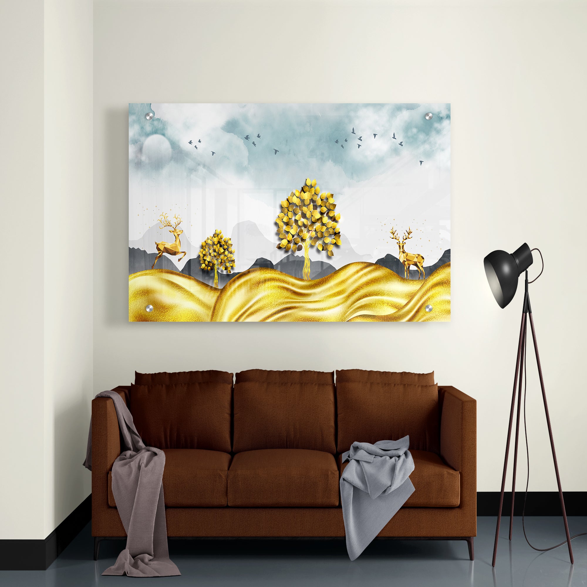 Golden Tree And Deer Premium Acrylic Wall Painting