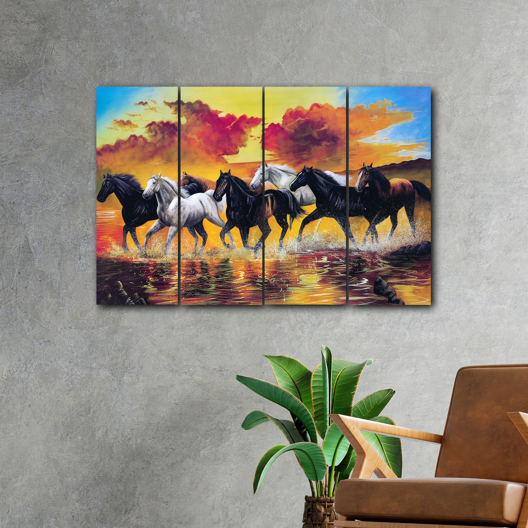 Beautiful Running Horses In 4 Panel Painting