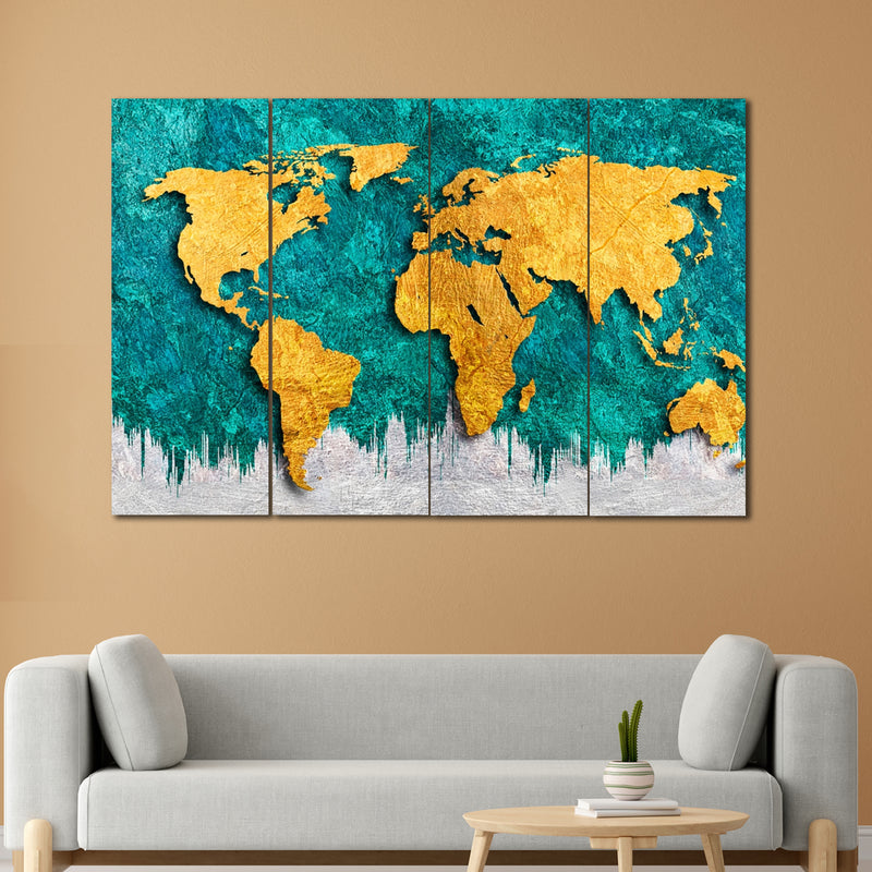 Golden World Map In 4 Panel Painting