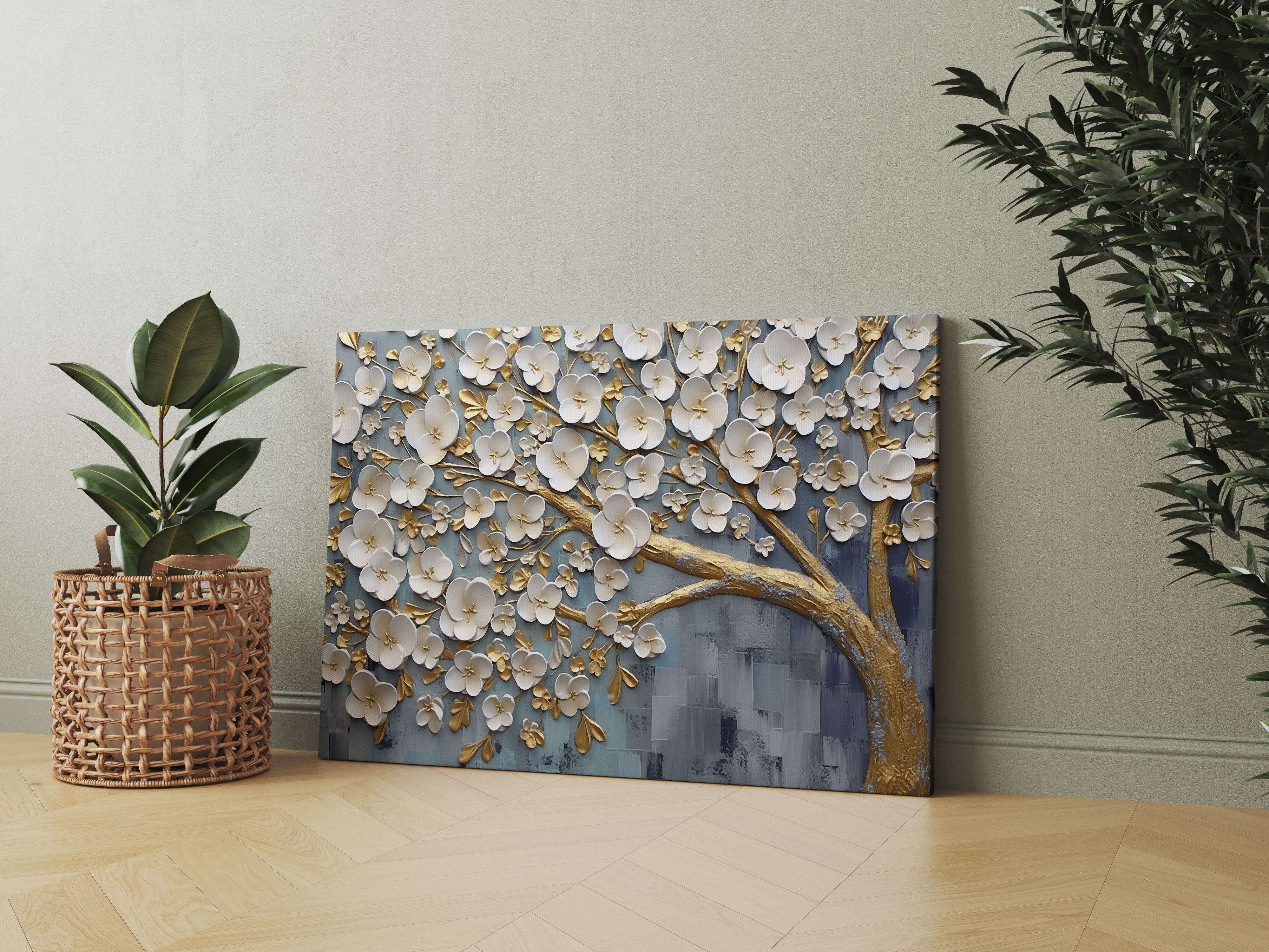 Abstract White Flower Tree Canvas Wall Painting