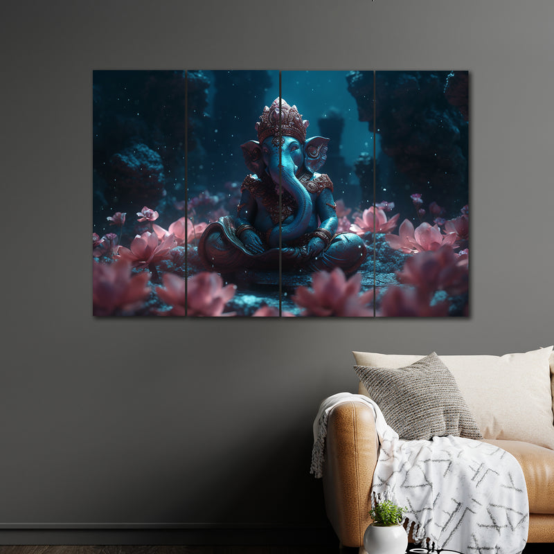 Lord Ganesha With Lotus In 4 Panel Painting