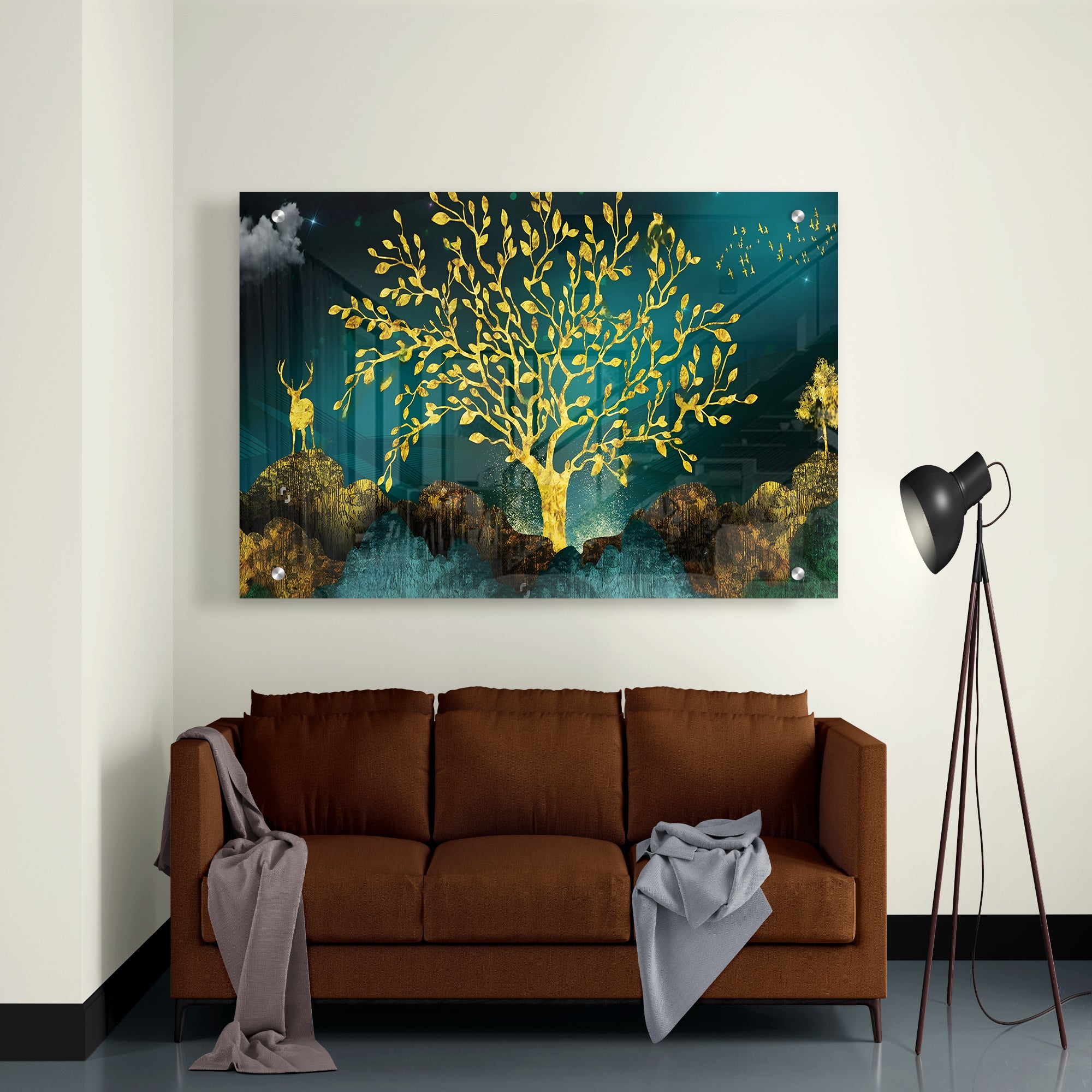 Golden Trees and Deer with Hills Premium Acrylic Painting