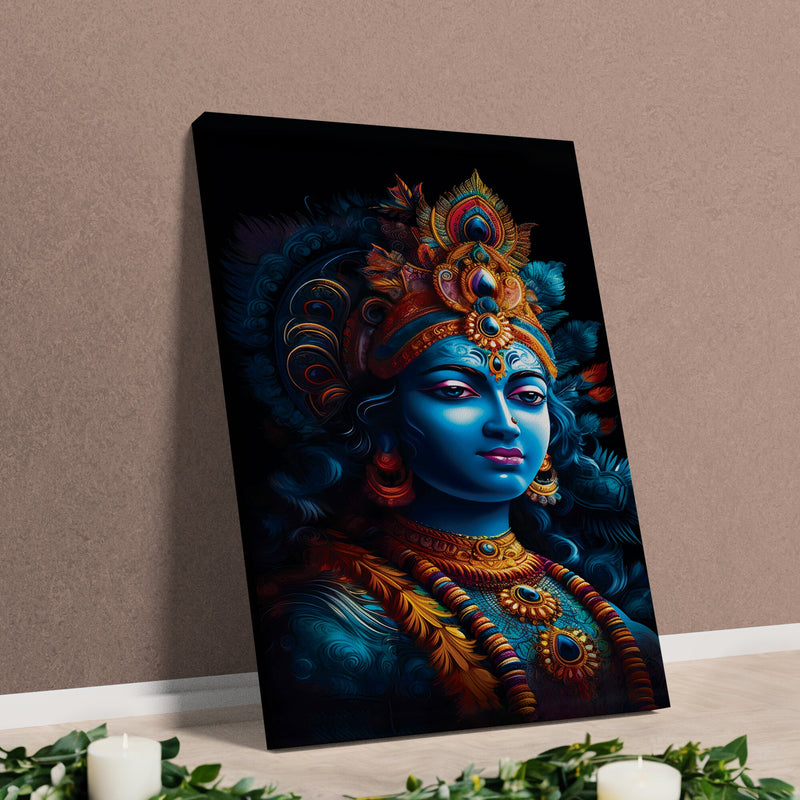 Lord Krishna wearing Peacock feathers Crown Canvas Wall Painting