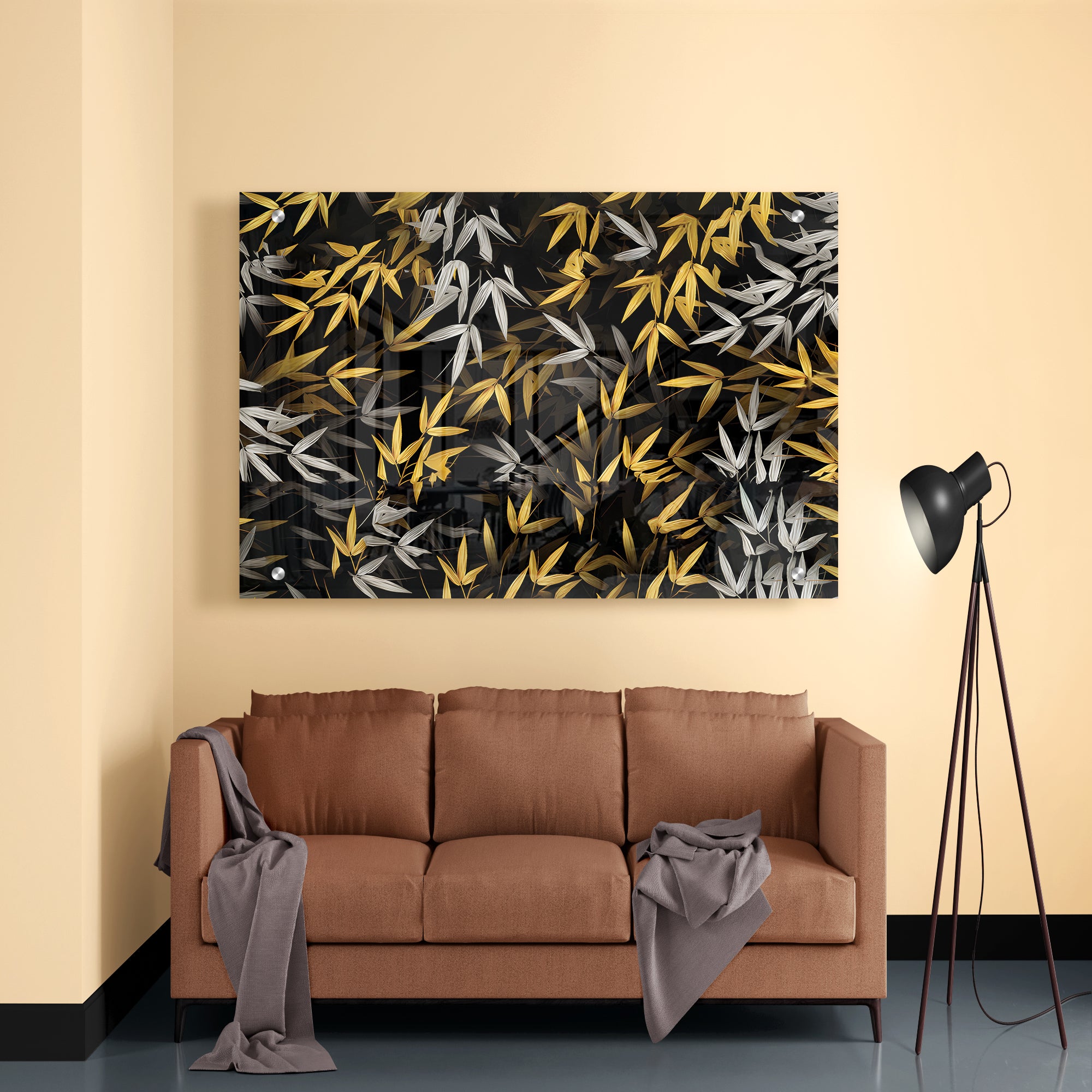 Golden Bamboo Leaves Morden Art Acrylic Painting