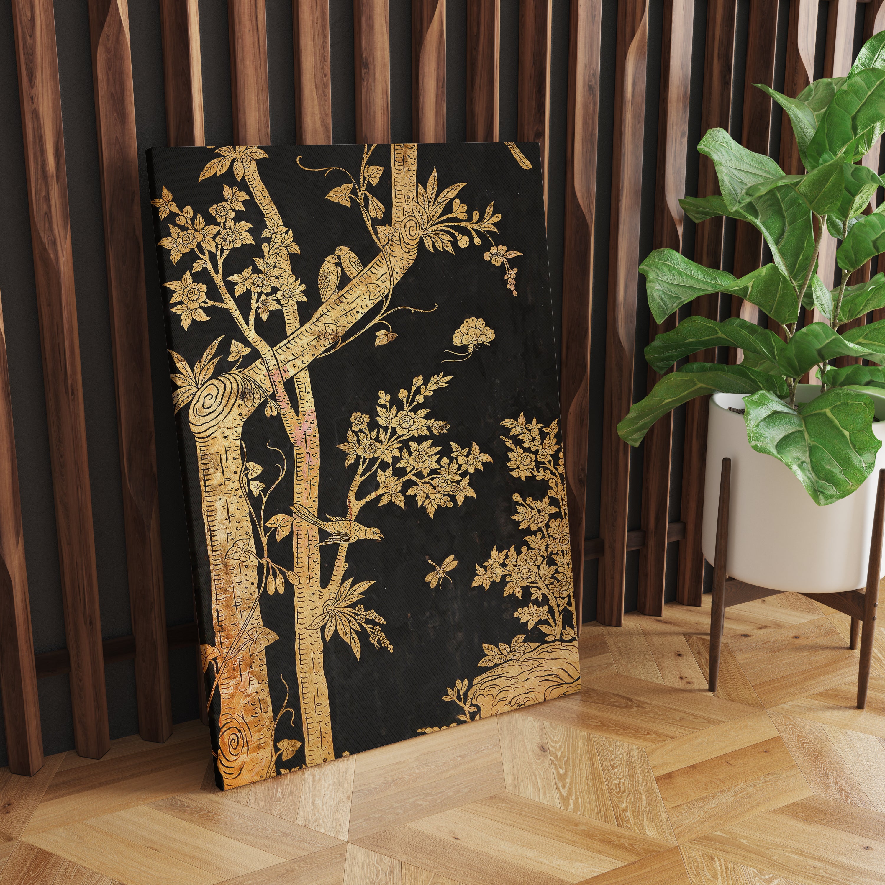 Golden Tree And Black Backgound Canvas Wall Painting