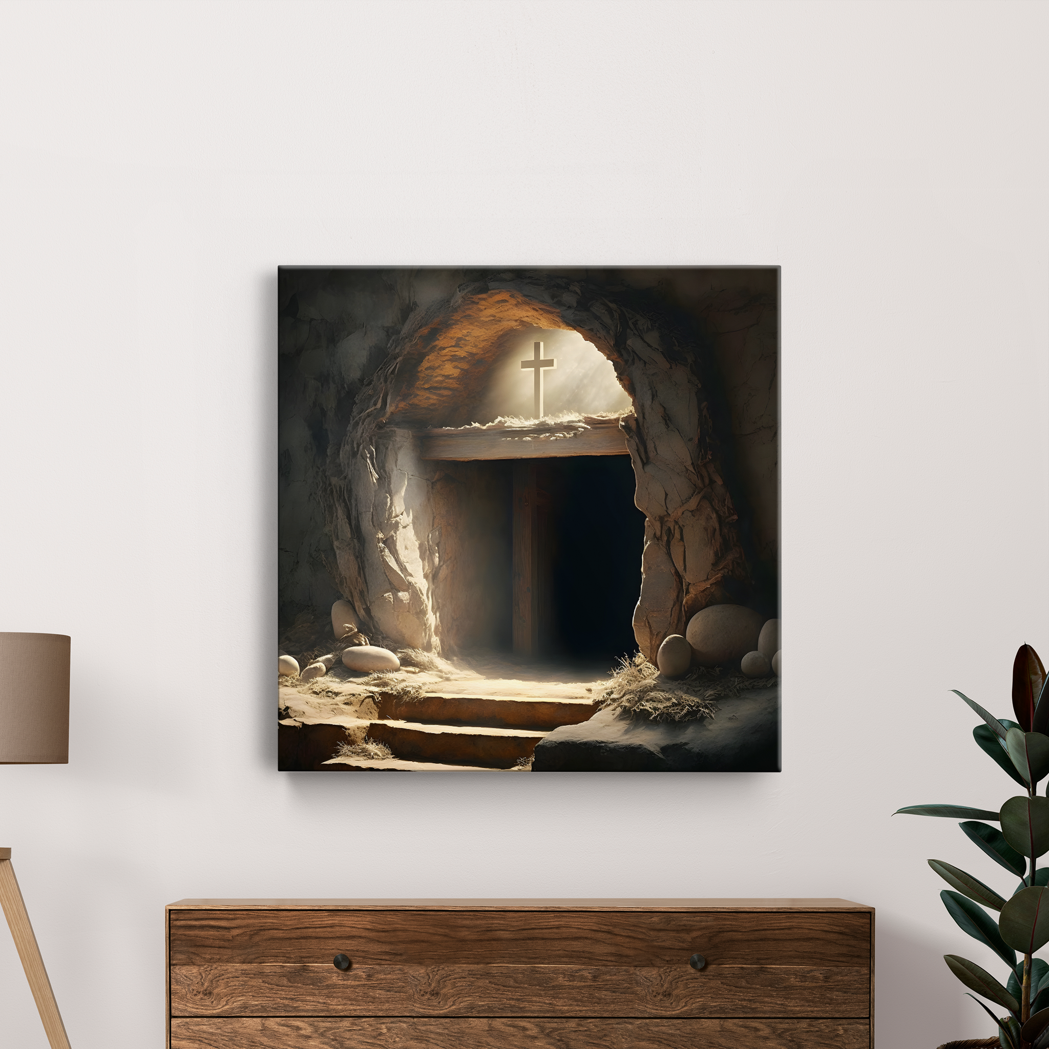 Jesus Cross In Cave Canvas Wall Painting