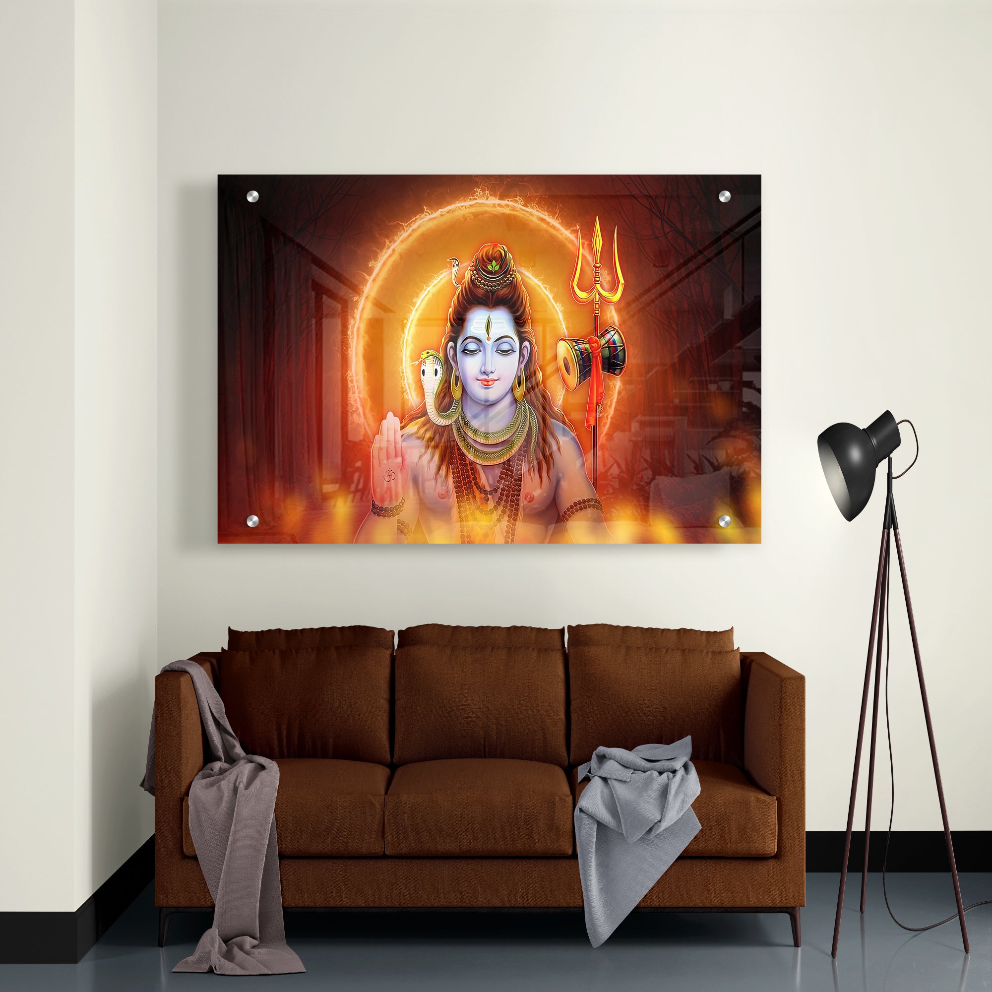 Lord Shiv with Fire and Sun Rays Acrylic Wall Painting