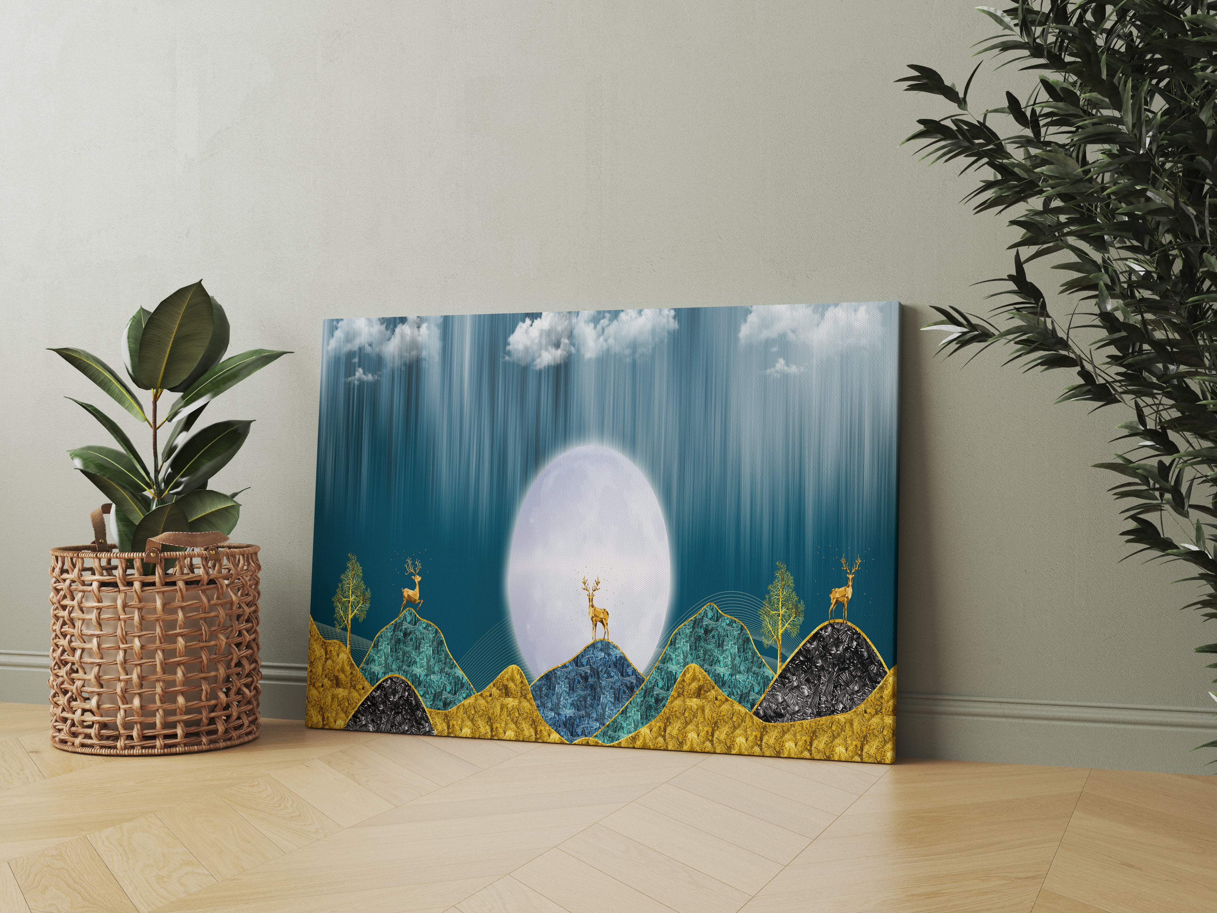 Beautiful Golden Mountains and Deer with Moon Premium Canvas Wall Painting