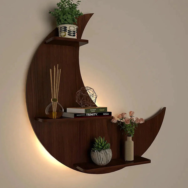 Moon Backlit Wood Wall Shelf / Book Shelf, Walnut Finish