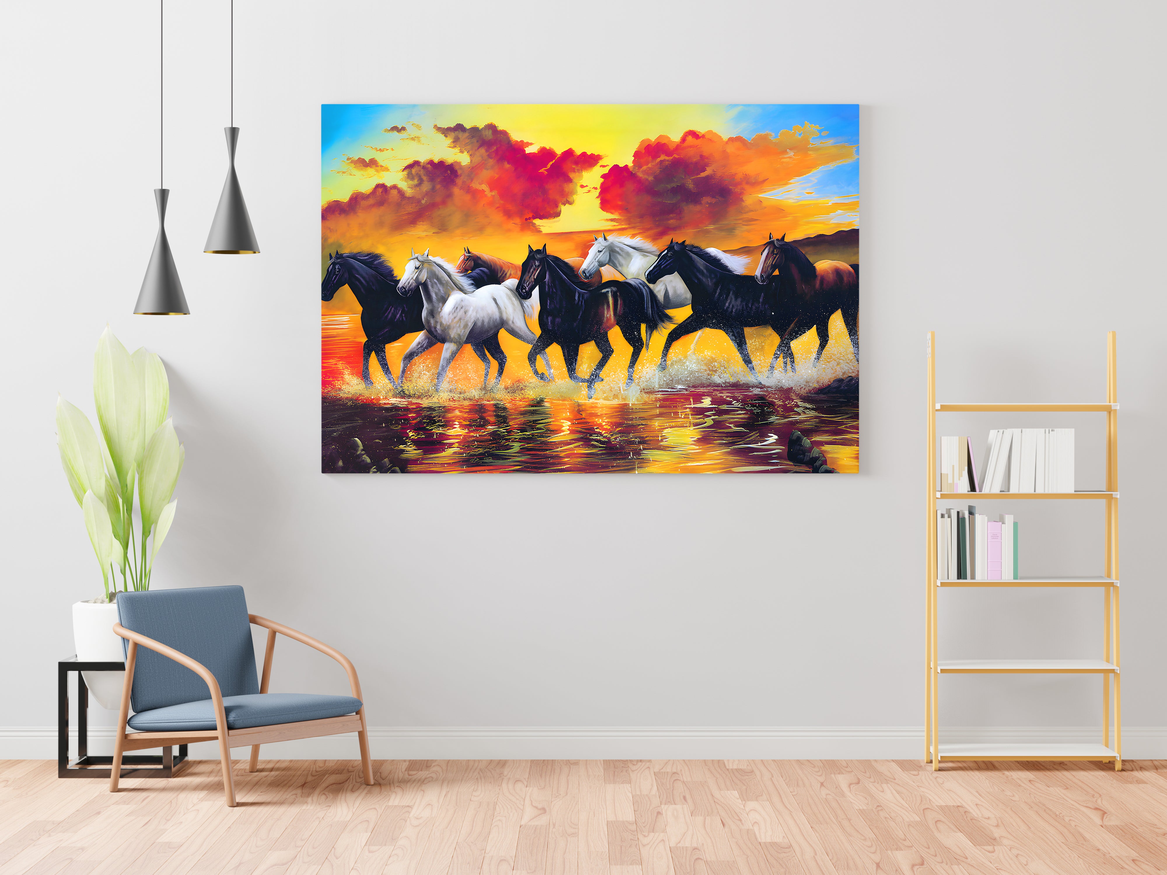 Panoramic Running Seven Horses Abstract Canvas Wall Painting