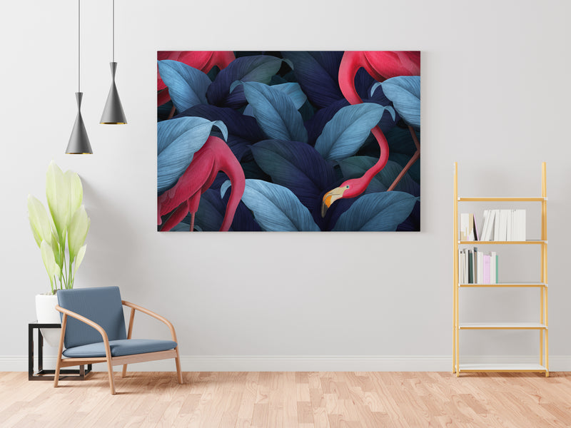 Flamingo With Navy Blue Leaves Canvas Wall Painting