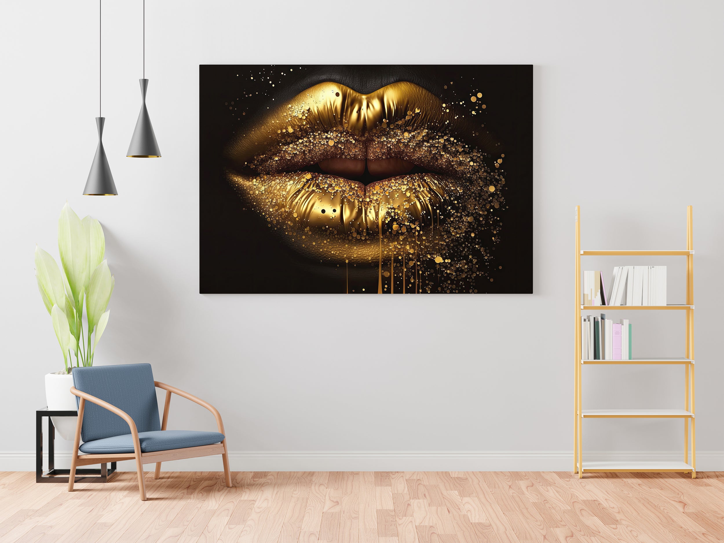 Golden Effect Lips Canvas Wall Painting