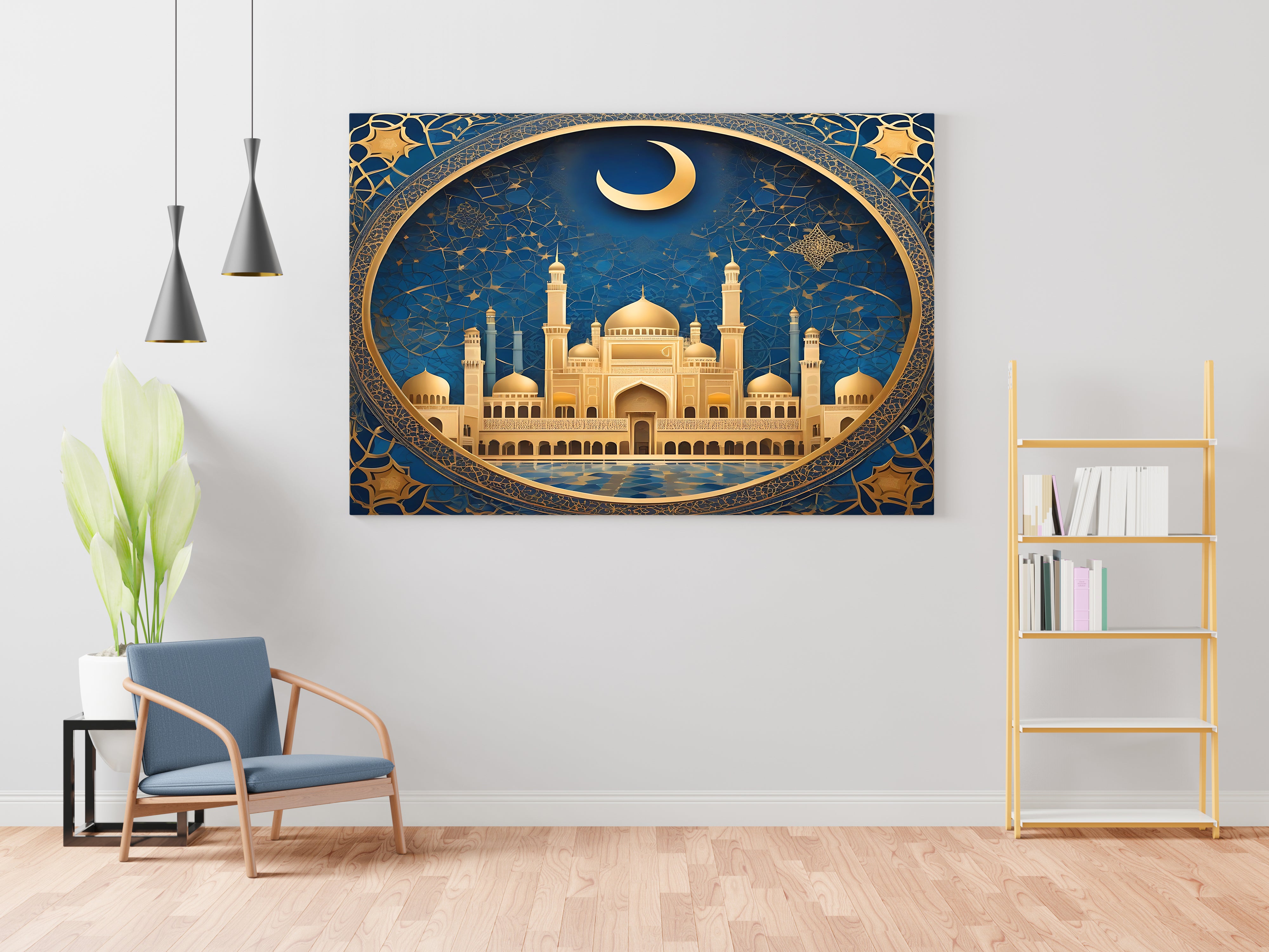 Islamic Golden Mosque With Eid Moon Beautiful Canvas Wall Painting