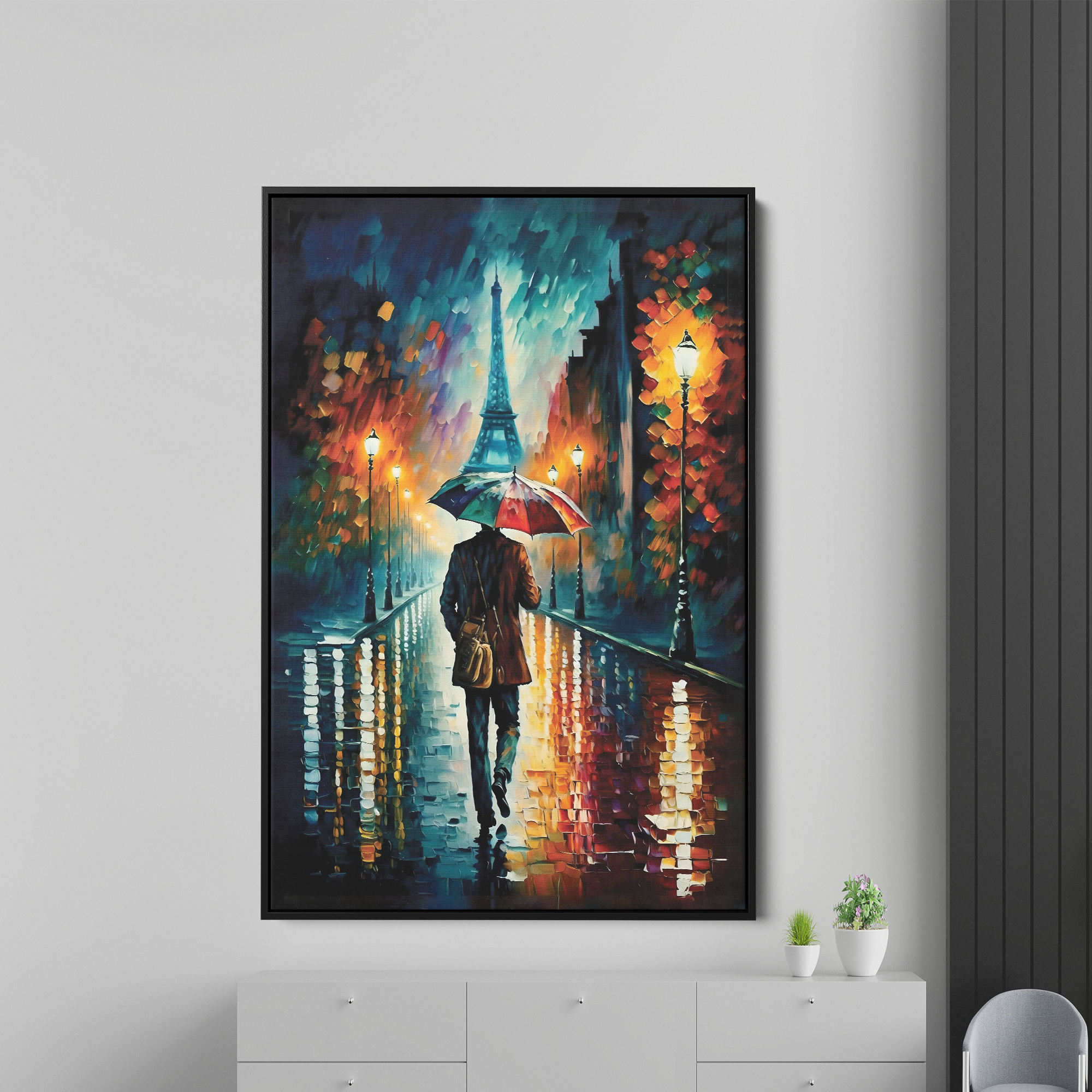 Man Walking In The Rain With An Umbrella Canvas Wall Painting