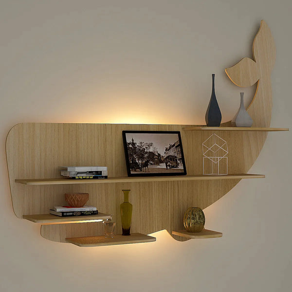 Whale Backlit Wood Wall Shelf / Book Shelf / Night Light, Light Oak Finish