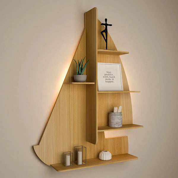 Ship Backlit Wood Wall Shelf / Book Shelf / Night Light, Oak Finish