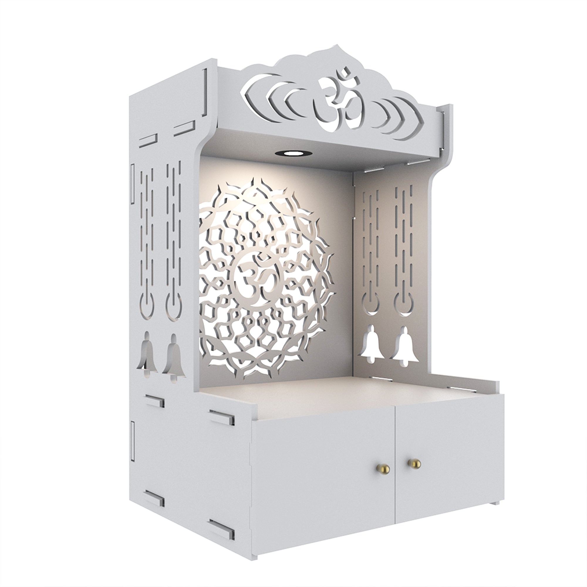 Om Pattern MDF Wood Temple with Spacious Shelf & Inbuilt Focus Light- White