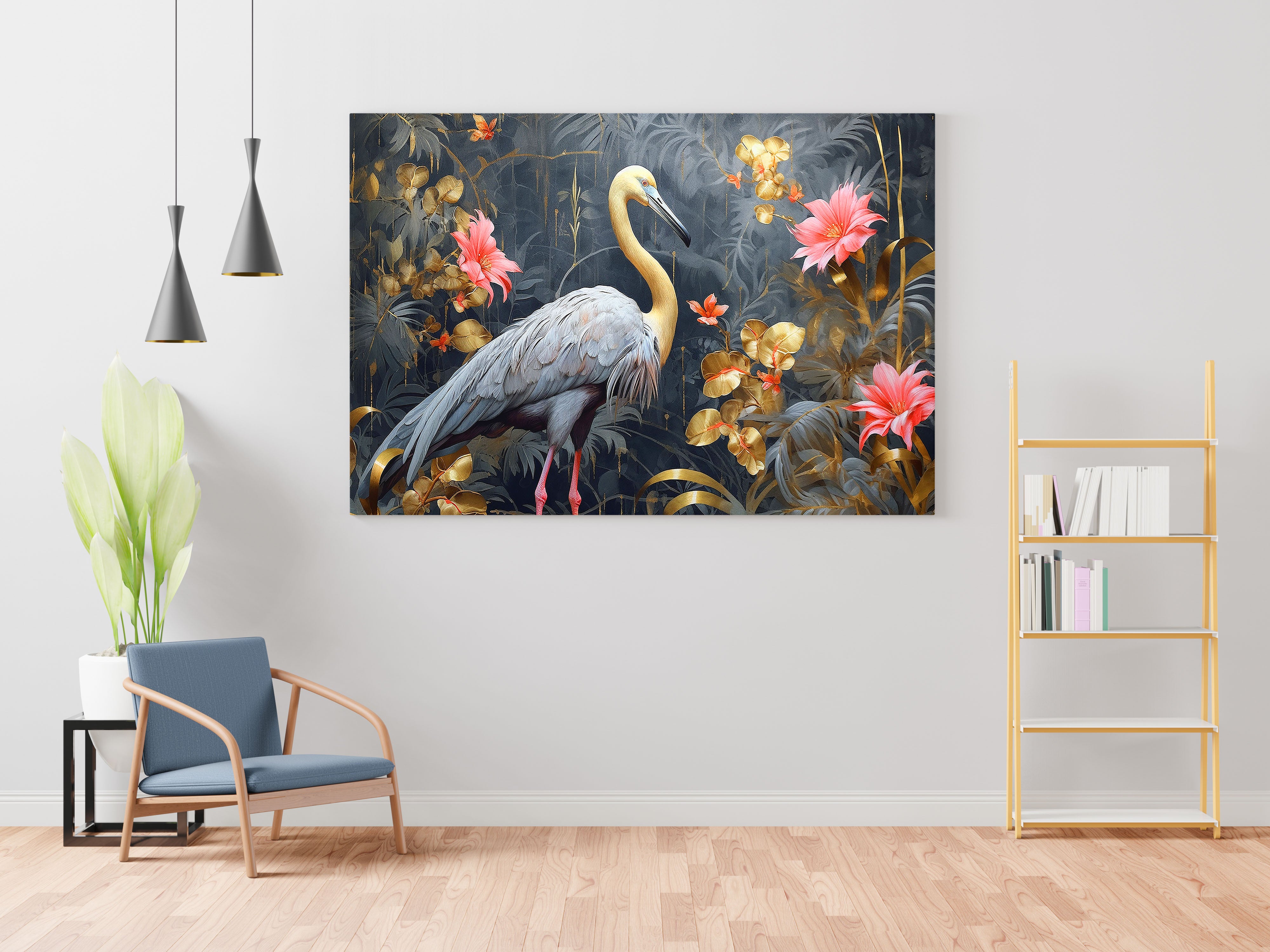 Black Flamingo and Flower Canvas Wall Painting