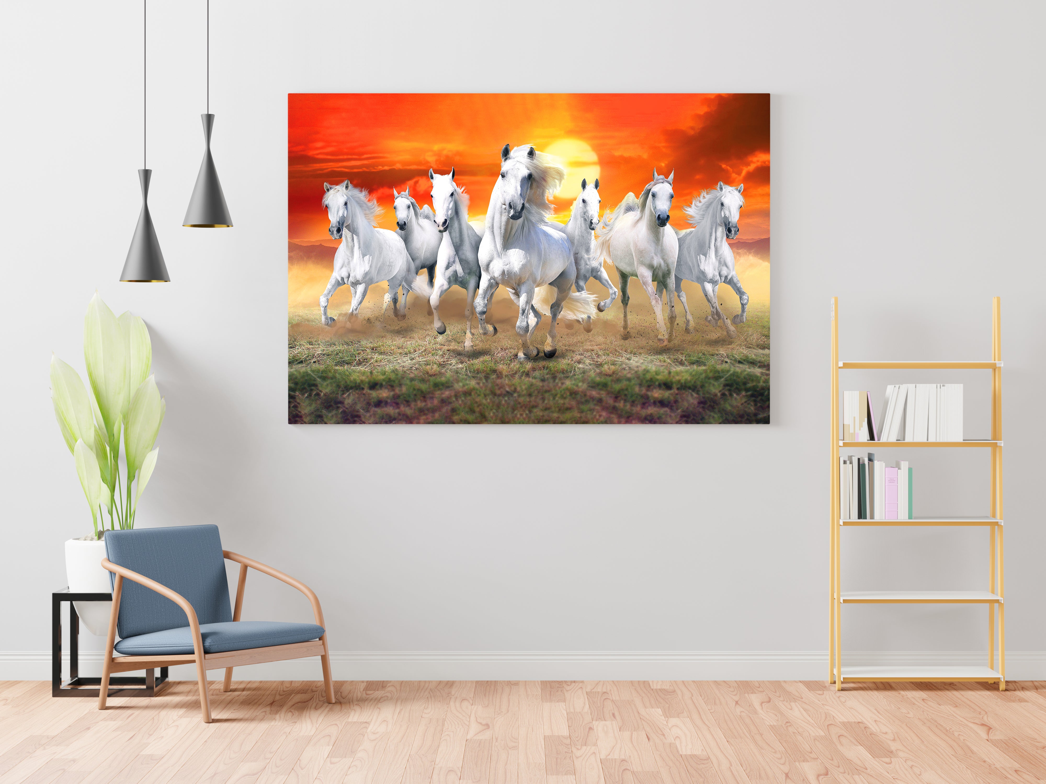 Running White Seven Horses Stretch Canvas Wall Painting