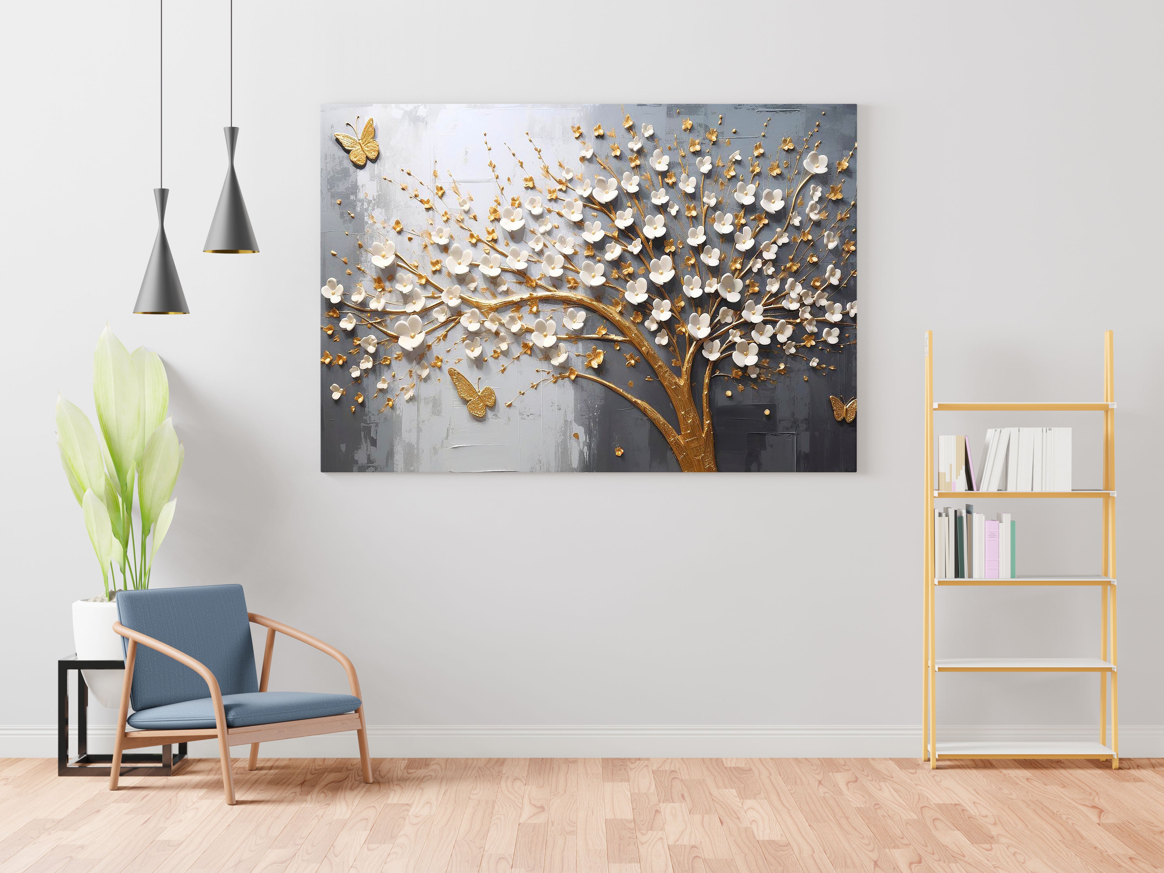 White Flower Tree and Golden Butterfly Canvas Wall Painting