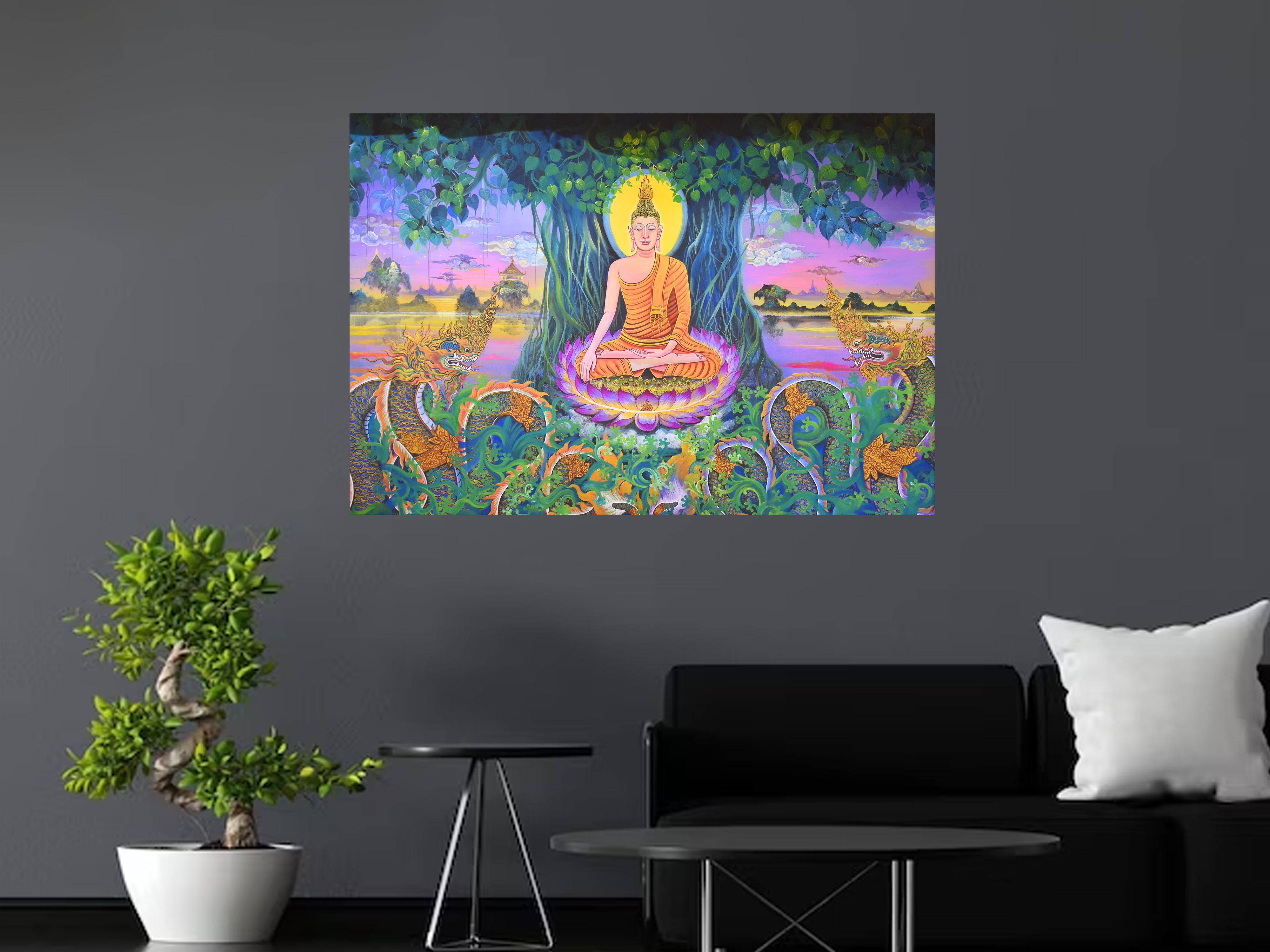 Lord Buddha And Snakes Canvas Wall Painting
