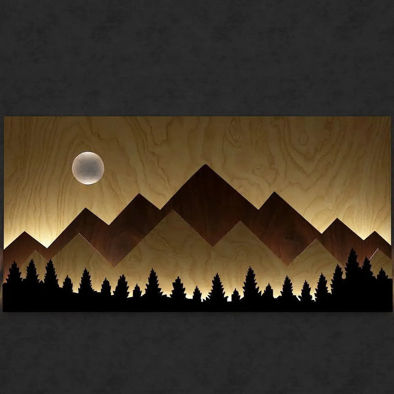 Layred Mountain Pallat Woood Art with Backlit Wood Wall Décor / Night Light, Walnut or Oak Finish