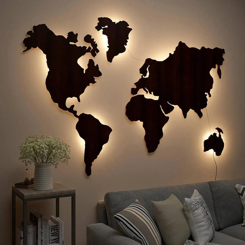 World Map Backlit Wood Wall Décor / Night Light, Walnut Finish