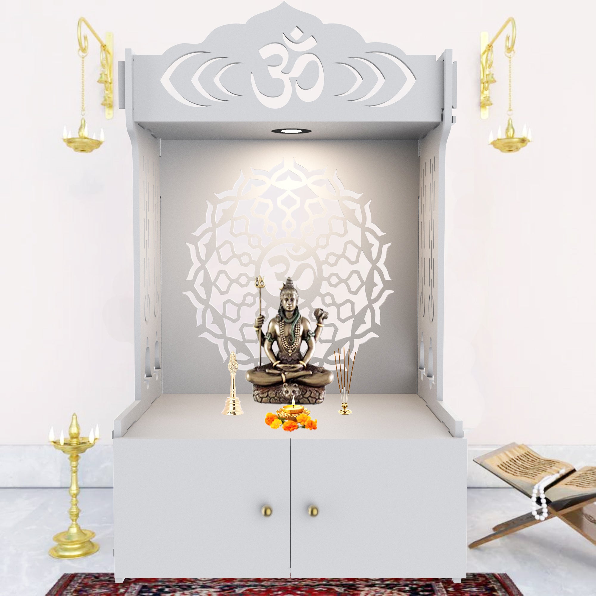 Om Pattern MDF Wood Temple with Spacious Shelf & Inbuilt Focus Light- White