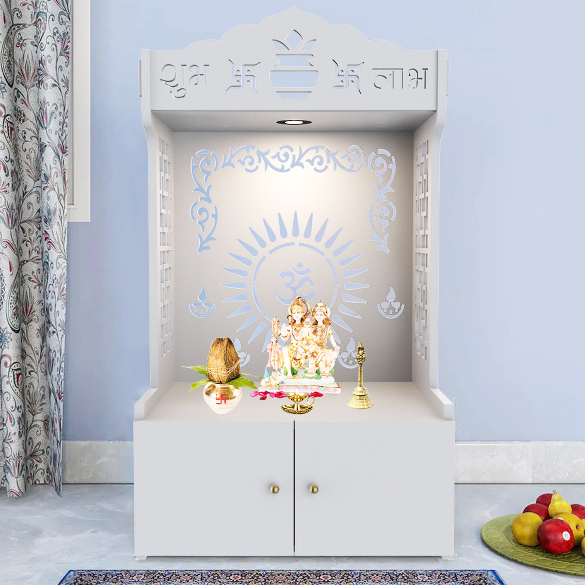 Subh Labh Om Pattern MDF Wood Temple with Spacious Shelf & Inbuilt Focus Light- White