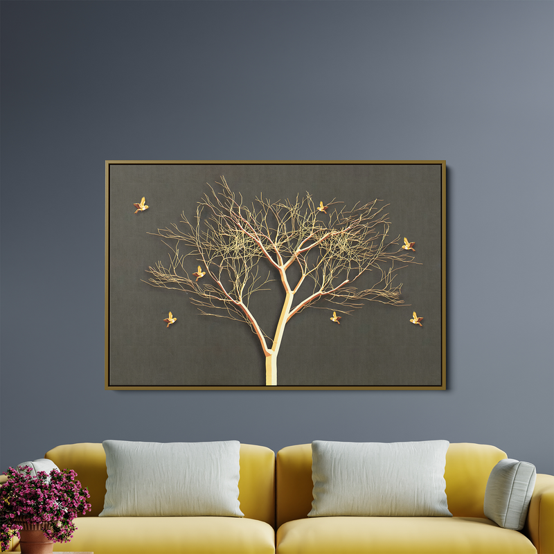 Golden Tree With Golden Birds Premium Modern Art Wall Painting
