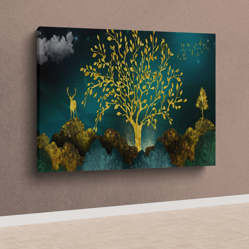 Golden Trees and Deer with Hills Premium Canvas Print Wall Painting