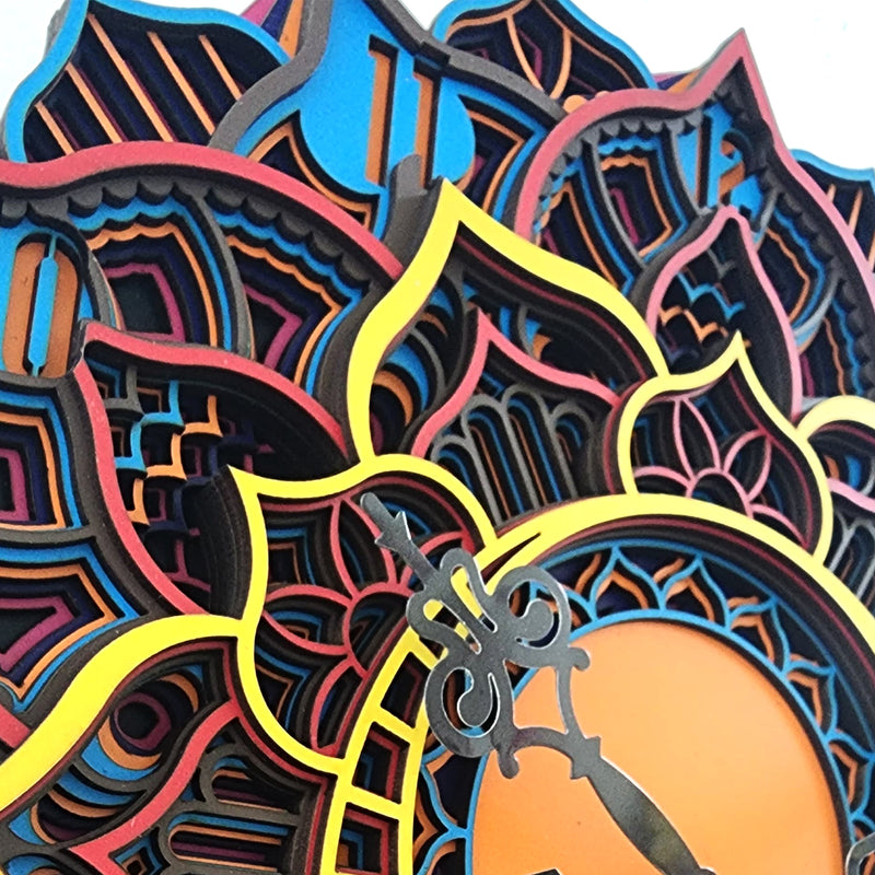 3D Floral Multicolor Mandala Clock Wooden Multilayer Round Shape Wall Clock