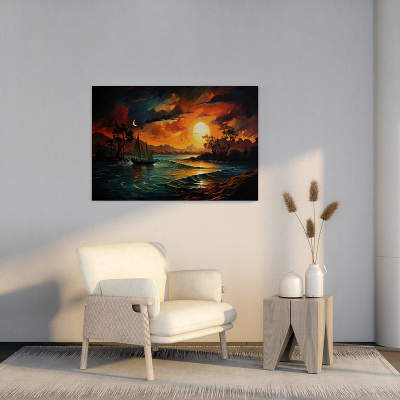 Sunset With A Boat In The Water Canvas Wall Painting