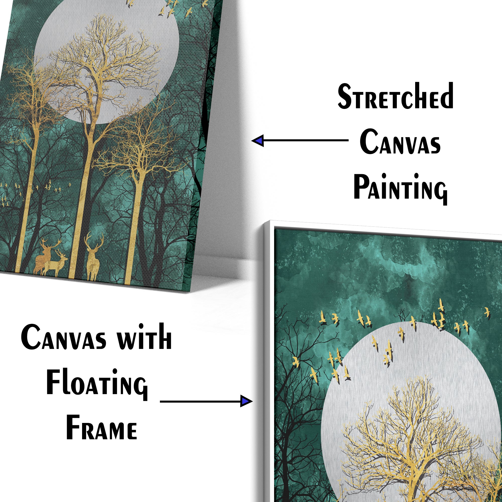 Golden Tree And Deer And Golden Birds With Moon Canvas Wall Painting