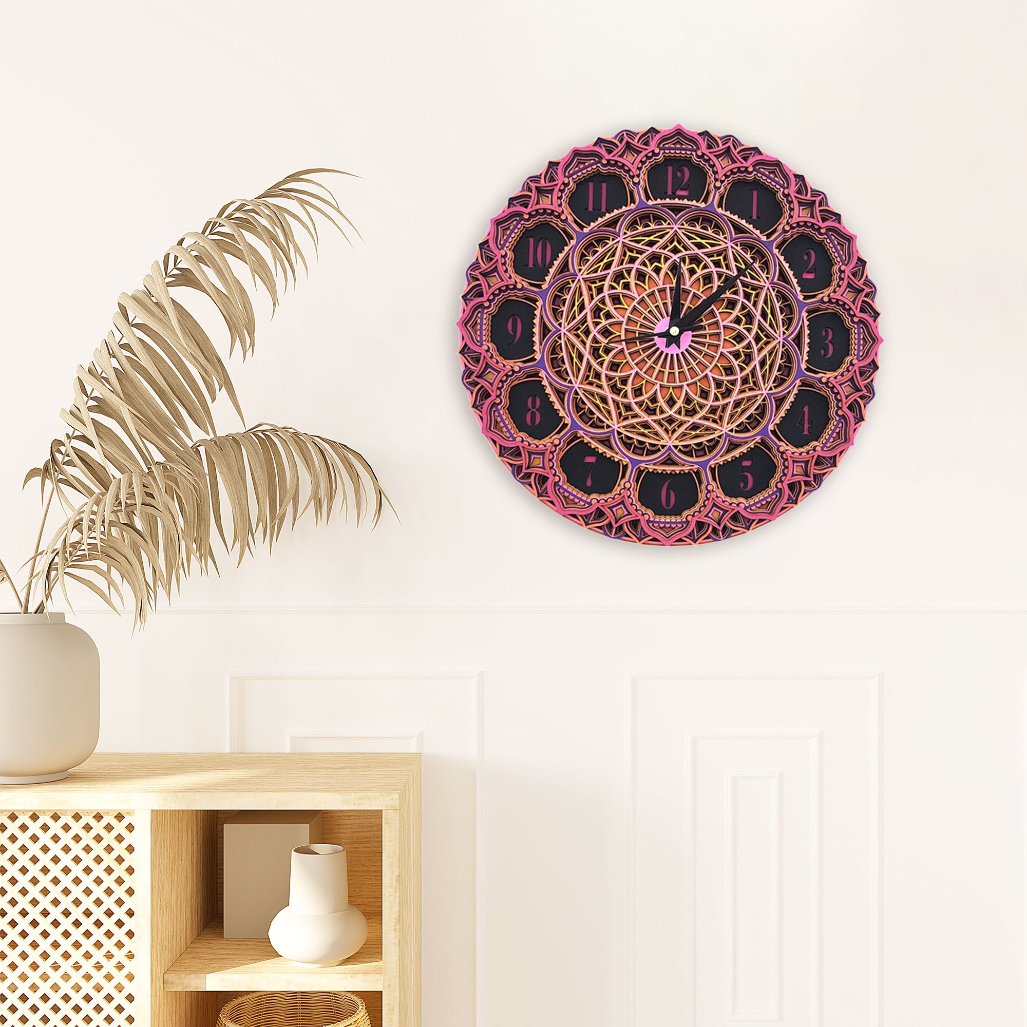 3D Floral Mandala Clock Wooden Colorful Multilayer Round Shape Wall Clock