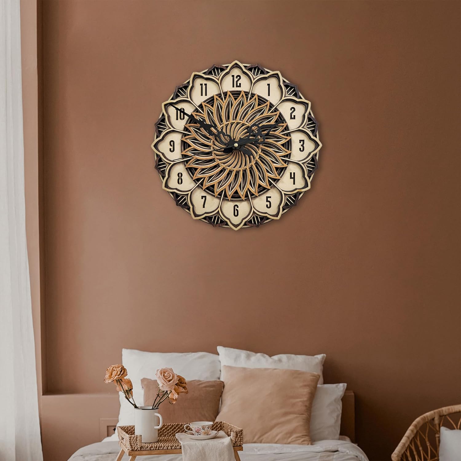 3D Sun Mandala Clock Wooden Multilayer Round Shape Wall Clock