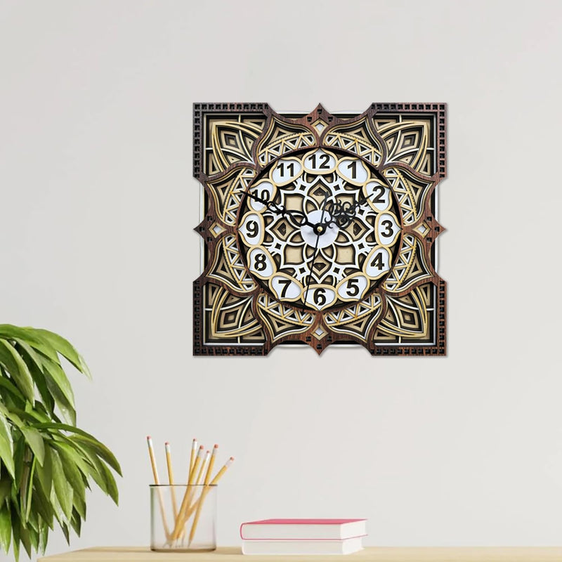 3D Floral Square Mandala Clock Wooden Wall Clock