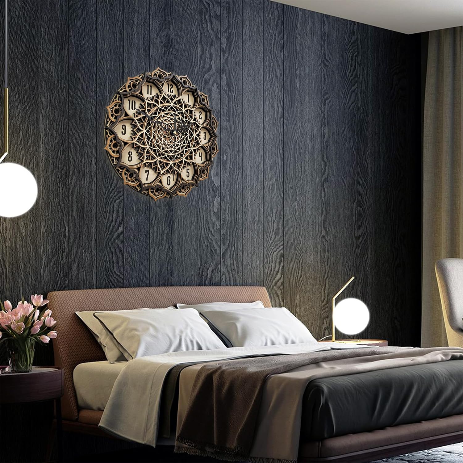 3D Mandala Clock Wooden Multilayer Round Shape Wall Clock