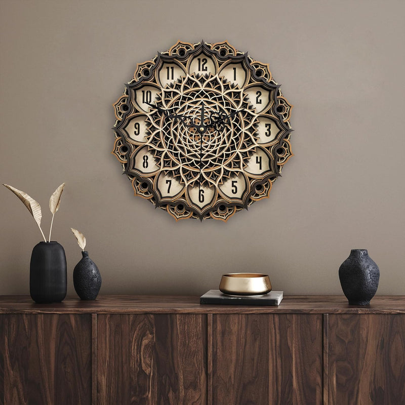 3D Mandala Clock Wooden Multilayer Round Shape Wall Clock