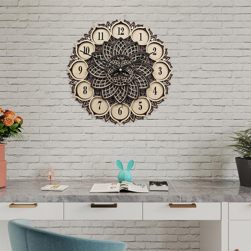 3D Floral Mandala Clock Wooden Multilayer Round Shape Wall Clock