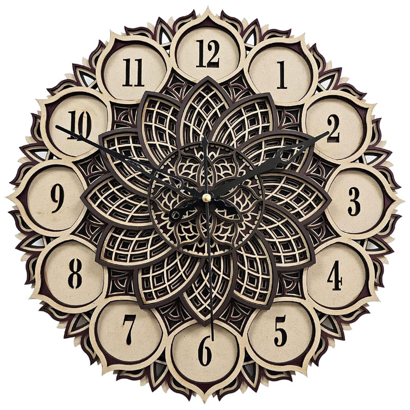 3D Floral Mandala Clock Wooden Multilayer Round Shape Wall Clock