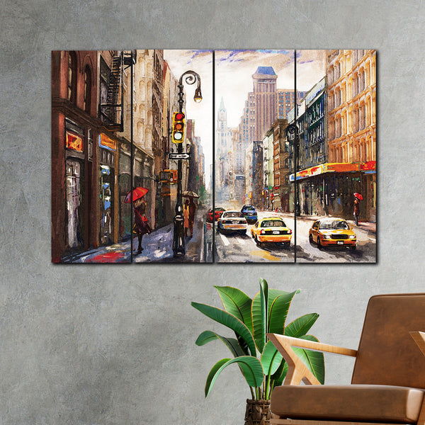 New York | City Woman Red Umbrella Yellow Taxi Art In 4 Panel Painting